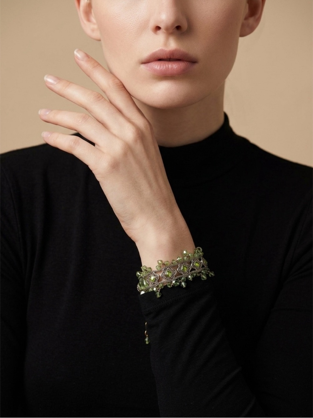 Vintage Gold Tone Green Rhinestone & Crystal Beaded Fringe Statement Bracelet